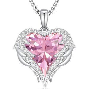 White-10-Oct. Opal Pink Birthstone Angel Wings Love Heart Silver Necklace